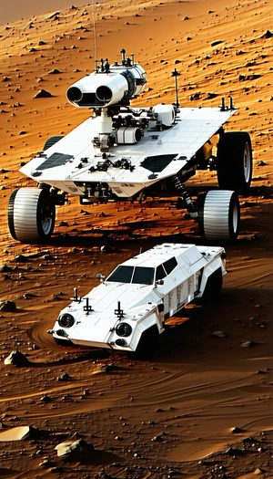 A White Car Is Parked On A Dirt Road, With A Large Truck Parked Next To It