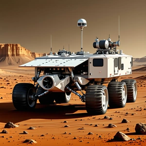 A Large White Vehicle Is Parked On A Rocky Surface, With A Red Background