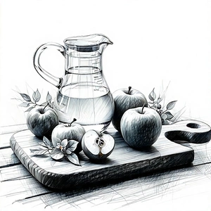 Lifestyle Pencil Sketch: Wellness Scene With Healthy Food With Image, There