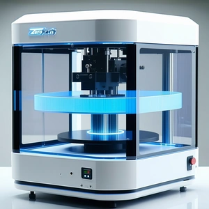 A Large, White, And Blue Machine With A Clear Glass Top