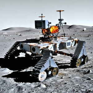 A Robotic Vehicle Is Sitting On A Rocky Surface, Possibly On The Moon