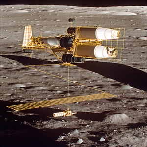 A Spacecraft On The Moon, With A Large Satellite Attached To The Side Of The Spacecraft