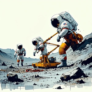 In The Image, There Are Three Astronauts Standing On A Rocky Surface, Possibly On The Moon
