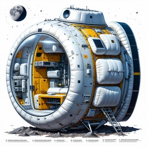A Large, White, And Yellow Spacecraft Is Shown In A Drawing, With A Large Dome On Top