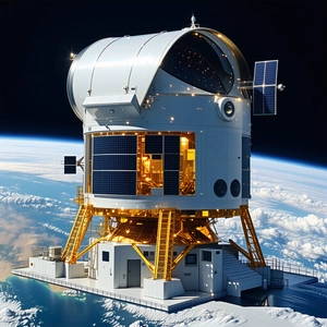 A Large White Space Station, Possibly A Space Shuttle, Floating In The Air