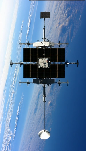 A Space Station Is Seen From Below, With A Large Satellite Dish On The Side
