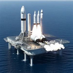 A Large Space Shuttle On A Floating Platform In The Ocean