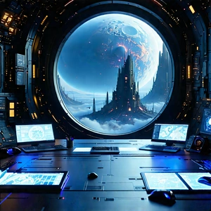 Futuristic (digital:1.23) Workspace With Futuristic Scene,