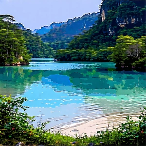 Nature Woodcut Print: Crystal Clear Lake Surrounded By Lush Vegetation With Serene Lake