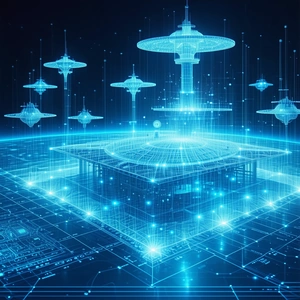 The Image Is A Futuristic, Blue-toned Illustration Of A Space Station
