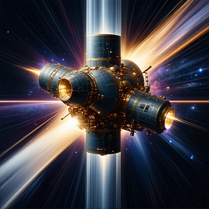 A Large Spacecraft With A Blue And Gold Color Scheme