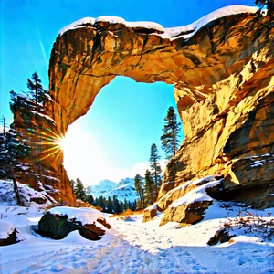 Nature Landscape Photography: Natural Arch In Winter Snow With Beautiful Natural