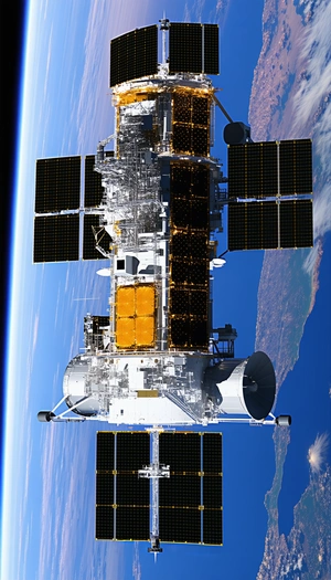 A Space Shuttle With A Large Satellite Dish On Its Side