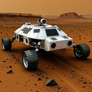 A White Robotic Vehicle, Possibly A Rover, Driving Across A Rocky Terrain