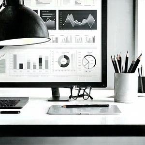 Business Lithograph: Workplace with productivity tools on desk