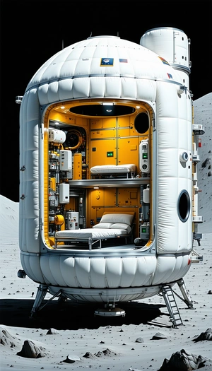 A Futuristic Spacecraft With A Large White And Yellow Exterior