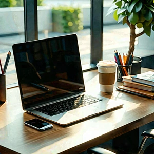 Business 3d Render: Workplace With Laptop And Coffee On Desk With Wooden Desk