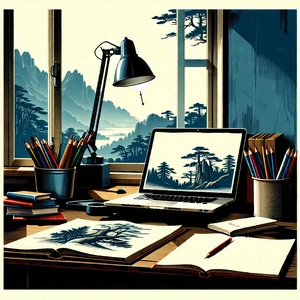 Lifestyle Linocut Print: Home Office With Comfortable Textiles With Desk Laptop