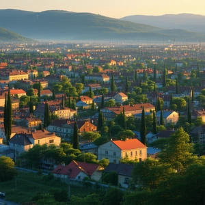 Urban Unreal Engine: Cityscape of small town during sunrise