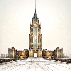 Urban Pencil Sketch: Famous Building With (snow:1.14) Covering With Drawing Large,