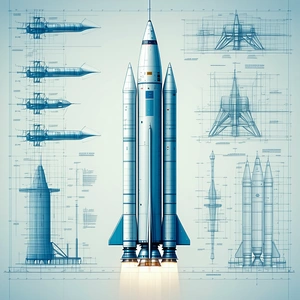 A Rocket Ship Is Shown In A Blue And White Drawing