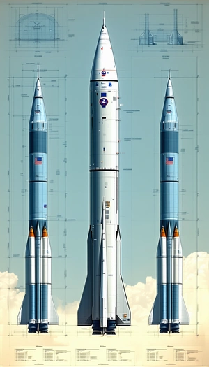 Two Rockets, One White And One Blue, Standing Side By Side