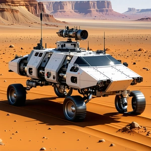 A White And Grey Robotic Vehicle Is Driving Across A Desert Landscape