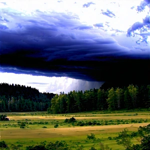 Nature Landscape Photography: Storm Clouds Over (forest:1.22) Clearing With Large, Dark