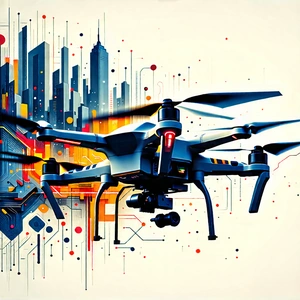 Tech Woodcut Print: Drone With Data Visualization With Large, Colorful