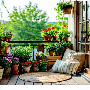 Lifestyle Macro Photography: Balcony Garden With Comfortable Textiles With Beautiful Outdoor