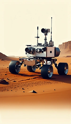 A Large White Robot Is Driving Across A Desert Landscape