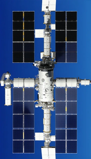 A Large Space Station Is Shown In A Blue Sky