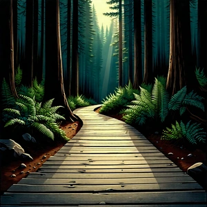 Nature Woodcut Print: Path Through Redwood (forest:1.3) With Wooden Pathway