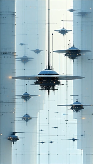 In The Image, There Are Several Large, Futuristic-looking Spaceships Floating In The Air