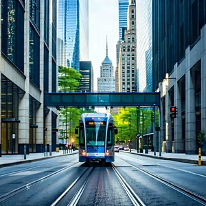 Urban Commercial Photography: City Bus In Financial District With Blue White