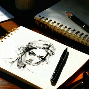 Business Ink Drawing: Workplace with notebooks and pens on desk
