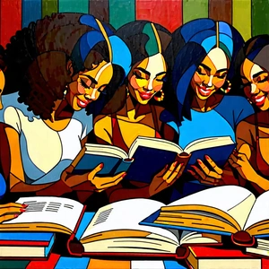 Lifestyle Gouache Painting: Book club with diverse friends