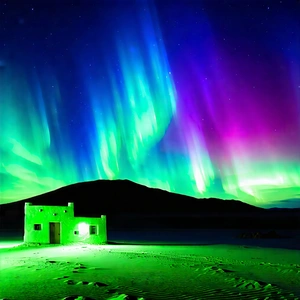 Nature Commercial Photography: Northern Lights Over Desert With Small, Green