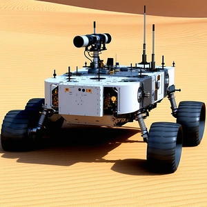 A White Robotic Vehicle With Four Wheels, Sitting In A Desert-like Environment