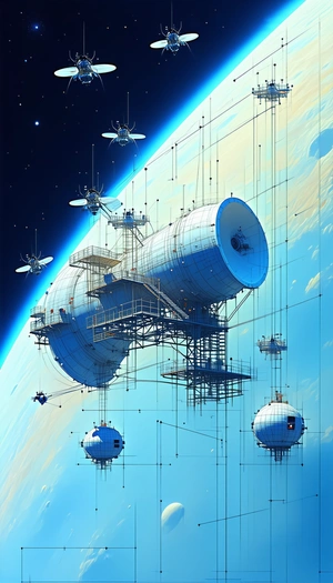 In This Image, There Is A Large Space Station With A Blue And White Color Scheme
