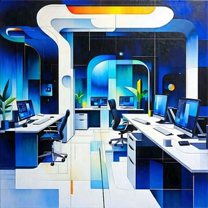 Tech Gouache Painting: Futuristic Tech Startup Office With Image, There