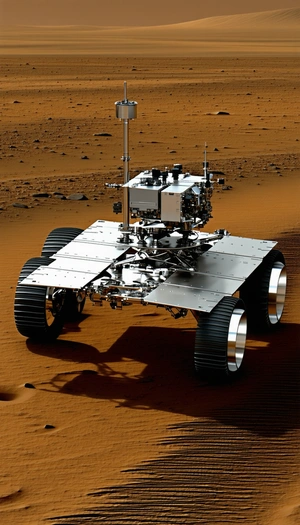 A Large, Silver Robotic Vehicle On A Dirt Surface