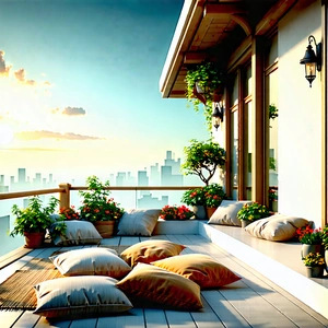 Lifestyle 3d Render: Balcony Garden With Comfortable Textiles With Beautifully Decorated