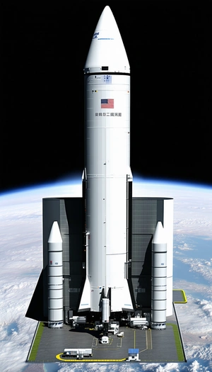 A Large White Rocket Ship With A Red, White, And Blue Flag On The Side