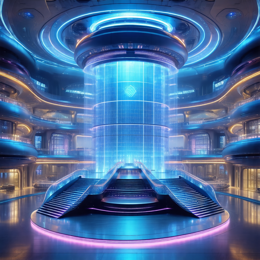 Futuristic, blue-lit room with a large, circular structur...
