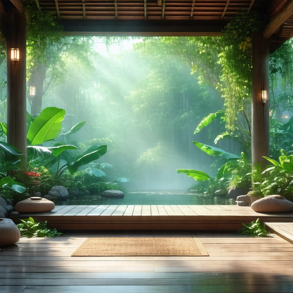 Serene scene of a garden with a wooden deck and a small pond