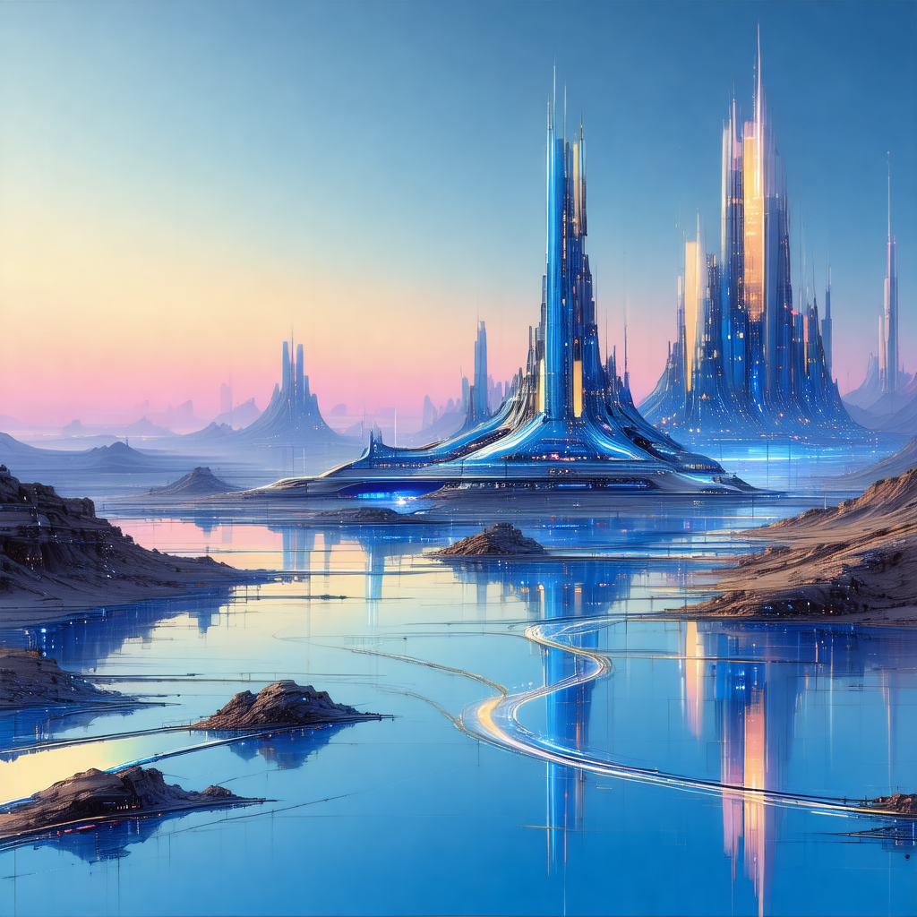 Futuristic cityscape with a large, blue, cylindrical buil...