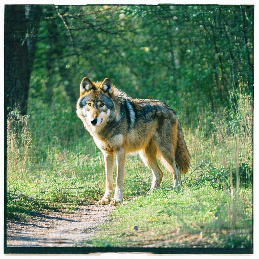 Wolf standing in a grassy area, possibly in a forest