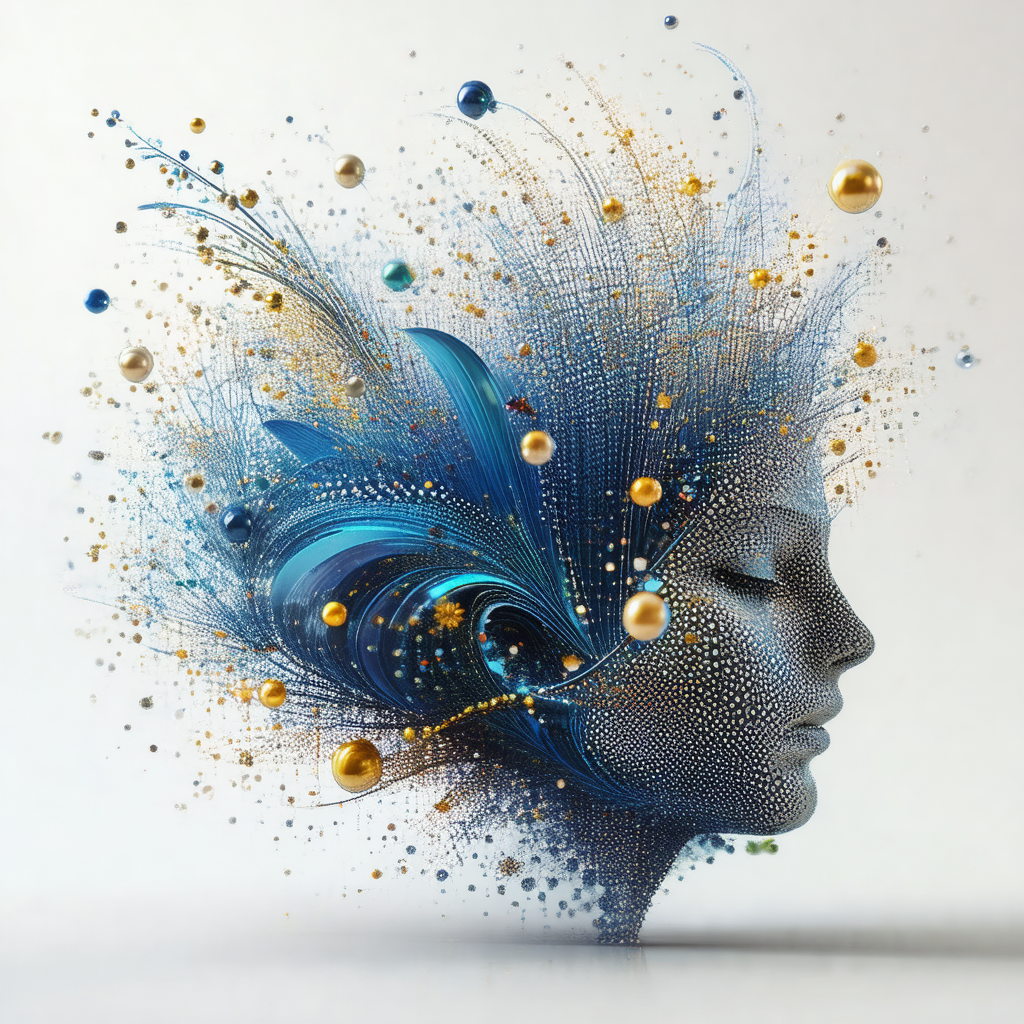 Close-up of a woman's head, with a blue and gold color sc...