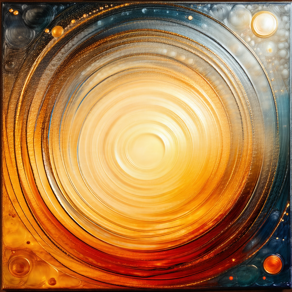 Painting of a sunset, featuring a large, bright orange ci...
